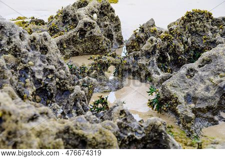 View On Playa De Borizo In Celorio, Green Coast Of Asturias, North Spain With Sandy Beaches, Cliffs,