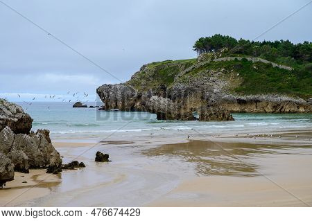 View On Playa De Palombina Las Camaras In Celorio, Green Coast Of Asturias, North Spain With Sandy B