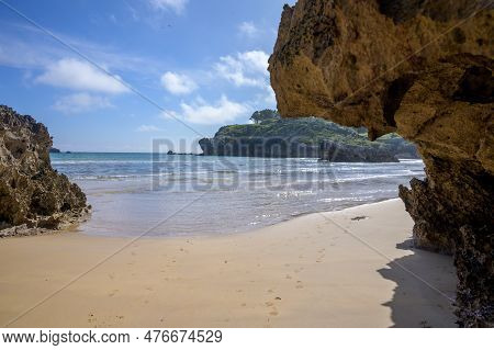 View On Playa De Palombina Las Camaras In Celorio, Green Coast Of Asturias, North Spain With Sandy B