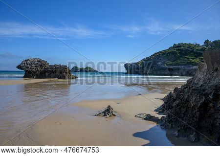 View On Playa De Palombina Las Camaras In Celorio, Green Coast Of Asturias, North Spain With Sandy B