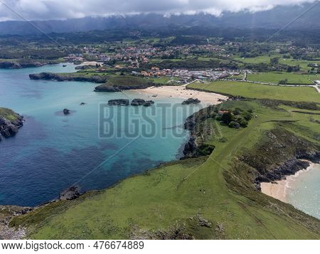 Aerial View On Playa De Palombina, Las Camaras And Celorio, Green Coast Of Asturias, North Spain Wit