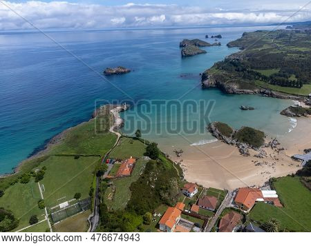 Aerial View On Playa De Palombina, Las Camaras And Celorio, Green Coast Of Asturias, North Spain Wit