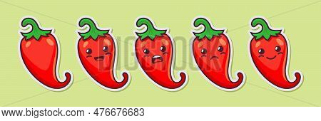 Vector Cartoon Cute And Funny Red Hot Chili Pepper Icon Set. Kawaii Style. Fresh Chili Hot Pepper Wi