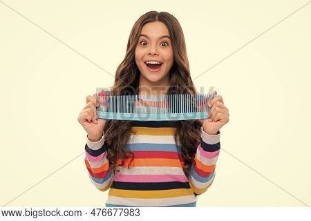 Teen Girl Girl With Brush Combing Hair. Girl Taking Haircare And Hairstyle. Hairdresser Hair Solon F