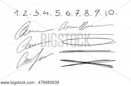 A Set Of Handwritten Scribbles And Numbers, Signature, Strikethrough Blots, Mistakes. Hand Drawn Set