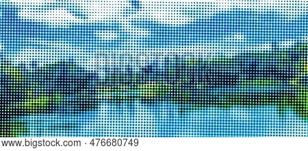 Cmyk Dot Halftone Village Nature View Lake And Blue Sky White Cloud Vector Design, Black, Halftone, 