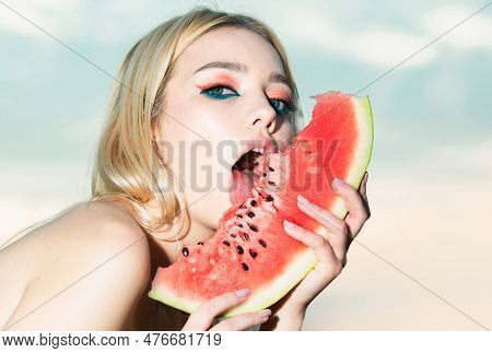 Sexy Summer Tropical Fruit. Sensual Young Woman Lick Watermelon With Sexy Tongue. Sexy Mouth Bite Wa
