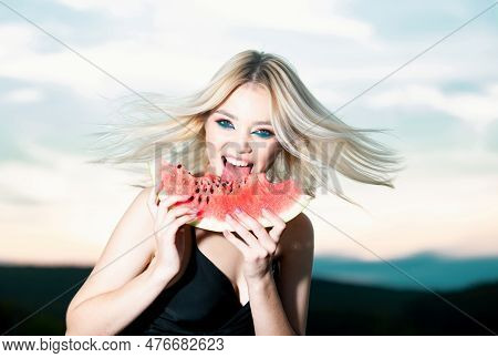 Young Girl Eating Watermelon, Summer Tropical Fruits. Beauty Woman Face. Emotional Face. Human Emoti
