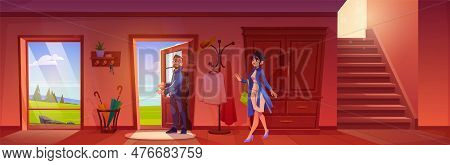 Couple Leave Home In Open Door In Hallway With Meadow Landscape. Hanger And Wardrobe In Apartment Ha