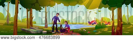 Volunteers Collecting Garbage In Forest. Vector Cartoon Illustration Of Young Conscious Man And Woma