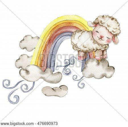 Cute White Fluffy Sheep Sitting On The Rainbow And Clowds Arround It. Illustration Of Farm Baby Anim