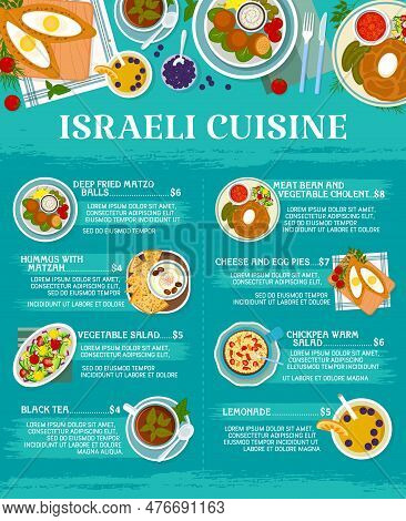Israeli Cuisine Restaurant Menu Page. Meat Bean And Vegetable Cholent, Vegetable Salad And Lemonade,