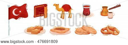 Turkey Culture Traditional Symbols With Flag, Mat, Camel, Tea, Jezve And Pastry Vector Set