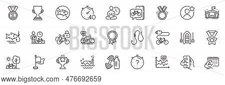 Icons Pack As Dumbbell, Award Cup And Timer Line Icons For App Include Quiz, Winner Ribbon, Fitness 