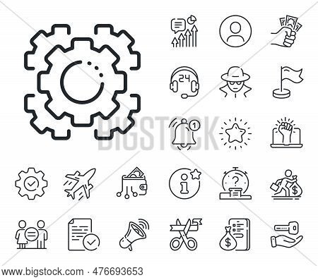 Settings Cogwheel Sign. Salaryman, Gender Equality And Alert Bell Outline Icons. Seo Gears Line Icon