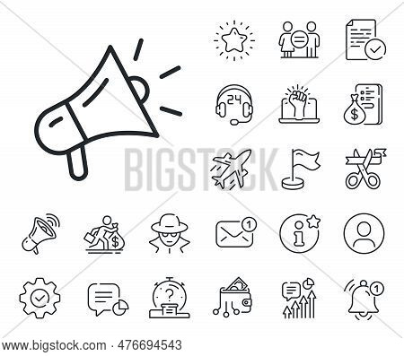 Advertisement Device Symbol. Salaryman, Gender Equality And Alert Bell Outline Icons. Megaphone Line