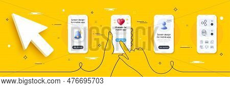 Timer App, Smartphone Repair And Dislike Hand Line Icons Pack. Phone Screen Mockup With 3d Alert Bel