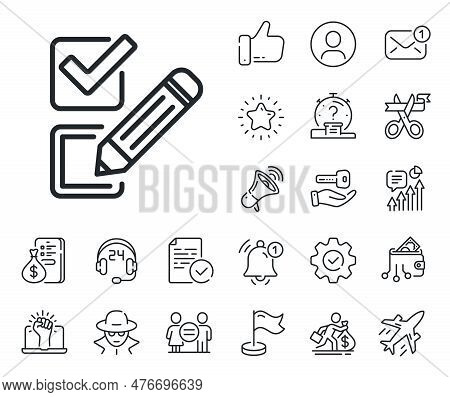 Survey Choice Sign. Salaryman, Gender Equality And Alert Bell Outline Icons. Checkbox Line Icon. Bus