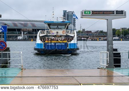 Amsterdam, The Netherlands - 8 September 2022: A Gvb Ferryboat Crossing The Ij River