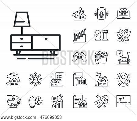Home Furniture Sign. Floor Plan, Stairs And Lounge Room Outline Icons. Dresser Line Icon. Modern Com