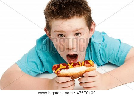 핫도그를 먹고 배고픈 어린 소년입니다.