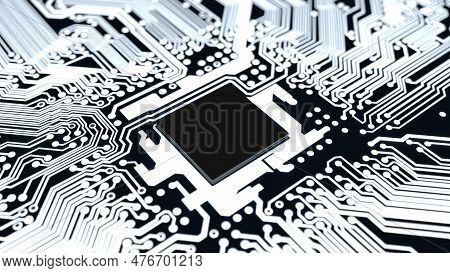 Computer Chip Processor On The Motherboard, Textolite, Black And White. 3D Render