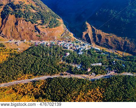 Terskol Aerial Panoramic View. Terskol Is A Village Located At The Foot Of Mount Elbrus, The Highest