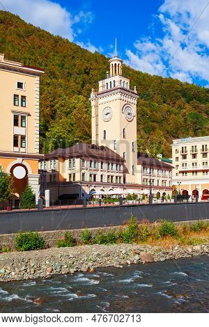 Town Hall In The Centre Of Rosa Khutor. Rosa Khutor Is An Alpine Ski Resort Located Near Krasnaya Po
