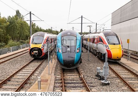 Doncaster, Uk - May 13, 2023. The Front Of A Fleet Of High Speed Inter City Passenger Trains In Tran