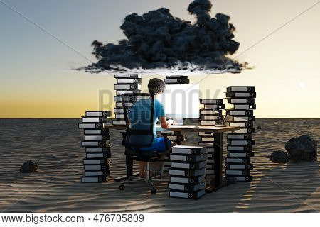 Man Sitting At Pc Office Workplace In Desert Environment With Huge Stacks Of Binders And Cloud Over 