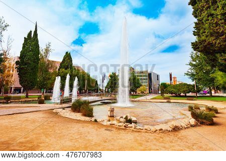 Fountain At The Plaza Imperial Tarraco Square In Tarragona. Tarragona Is A Port City Located In Nort