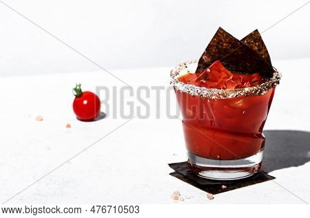 Miso Bloody Mary Alcoholic Cocktail Drink With Tomato Juice, Japan Spices, Vodka And Nori. White Bac