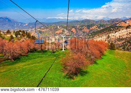 Cable Car To The Beldersay Mountain In Chimgan Region Near Taskent City In Uzbekistan In Spring