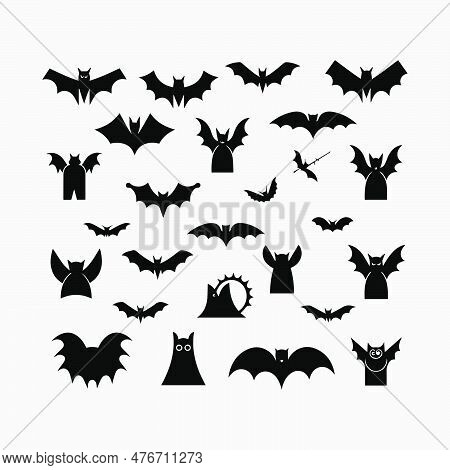 Black Silhouettes Of Bats Set Isolated On White Background