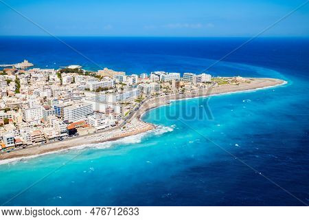 Rhodes City Beach Aerial Panoramic View In Rhodes Island In Greece