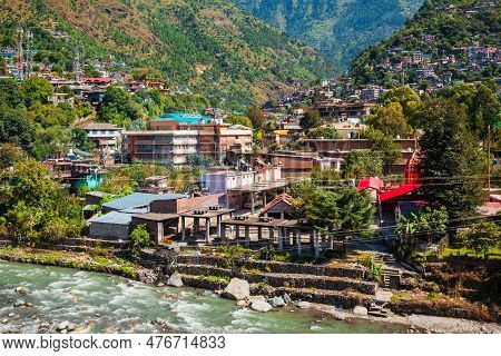 Beas River Near Kullu Town Aerial Panoramic Landscape, Kullu Valley In Himachal Pradesh State In Ind