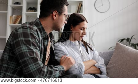 A Sympathetic Young Man Provides Psychological Support To A Thoughtful Upset Loved Woman In A Diffic