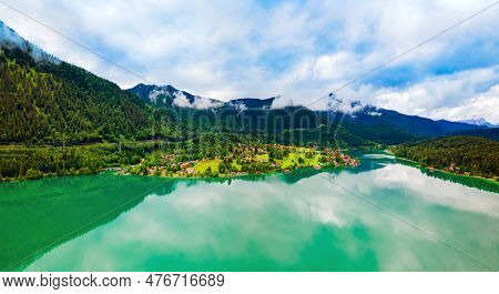 Walchensee Aerial Panoramic View. Walchensee Or Lake Walchen Is One Of The Deepest And Largest Alpin