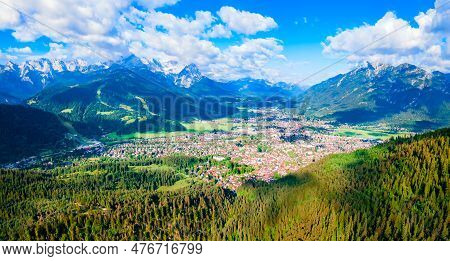 Garmisch-partenkirchen And Zugspitze Mountain Aerial Panoramic View. Garmisch Partenkirchen Is An Al