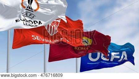 Budapest, Hu, May 2023: Flags Of Europa League, Sevilla Fc, As Roma And Uefa Waving. Sevilla Fc Vs A