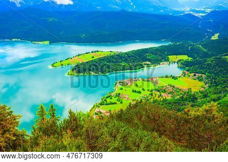 Walchensee Aerial Panoramic View From Herzogstand Viewpoint. Walchensee Or Lake Walchen Is One Of Th