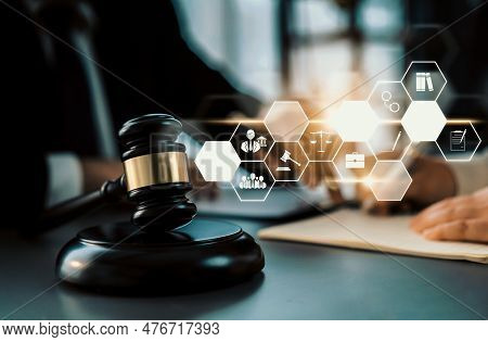 Smart Law, Legal Advice Icons And Lawyer Working Tools In The Lawyers Office Showing Concept Of Digi