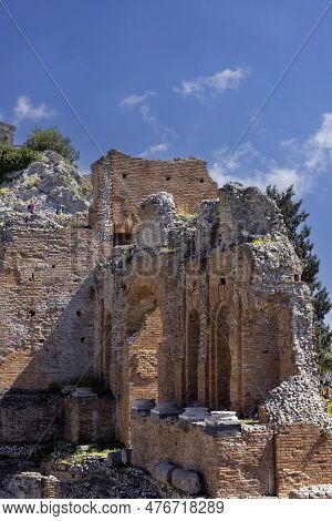 Taormina, Sicily, Italy - April 28, 2023: Ancient Theatre Of Taormina (teatro Antico Di Taormina), R