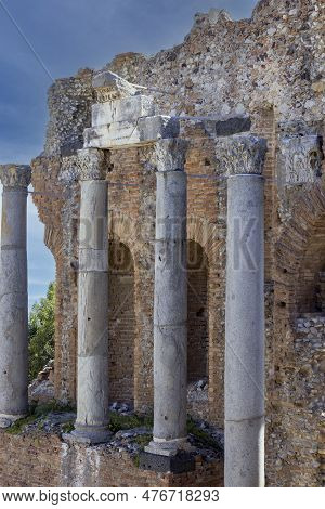 Taormina, Sicily, Italy - April 28, 2023: Ancient Theatre Of Taormina (teatro Antico Di Taormina), R