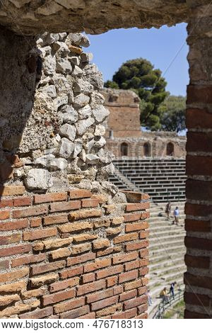 Taormina, Sicily, Italy - April 28, 2023: Ancient Theatre Of Taormina (teatro Antico Di Taormina), R