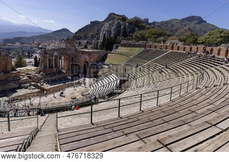Taormina, Sicily, Italy - April 28, 2023: Ancient Theatre Of Taormina (teatro Antico Di Taormina), R