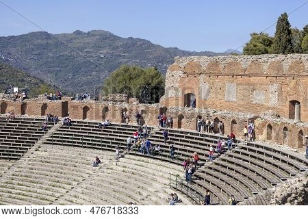 Taormina, Sicily, Italy - April 28, 2023: Ancient Theatre Of Taormina (teatro Antico Di Taormina), R