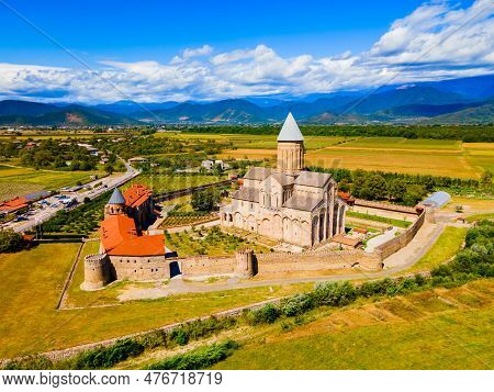 Alaverdi Monastery Complex Aerial Panoramic View In Kakheti. Kakheti Is A Region In Eastern Georgia 