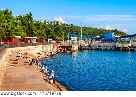 Tuapse, Russia - October 03, 2020: Fishermen Fishing At The Embankment In The Centre Of Tuapse Resor