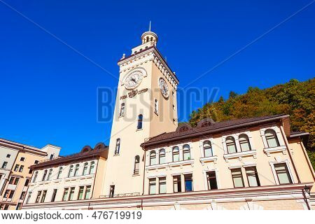 Rosa Khutor, Russia - October 06, 2020: Town Hall In The Centre Of Roza Khutor, An Alpine Ski Resort
